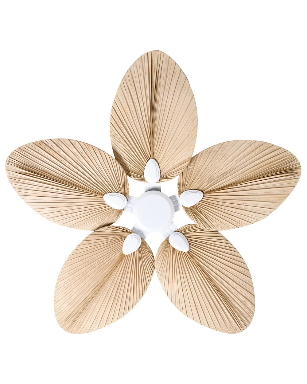 Moteur blanc et pales en forme de feuille de palmier du ventilateur de plafond LOMBOK.