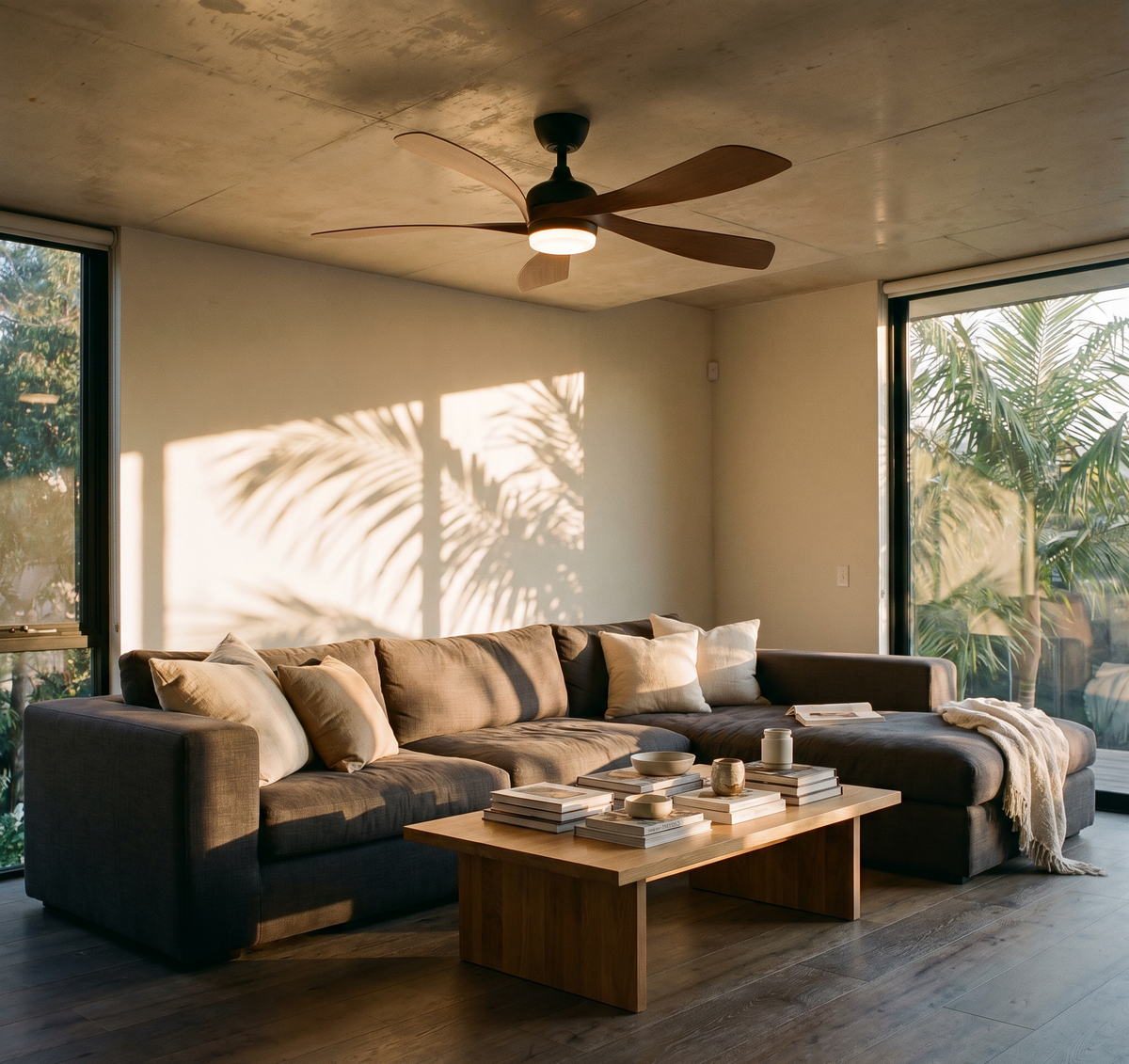 Ventilateur de plafond Ariaze dans un salon lumineux design d'une villa 