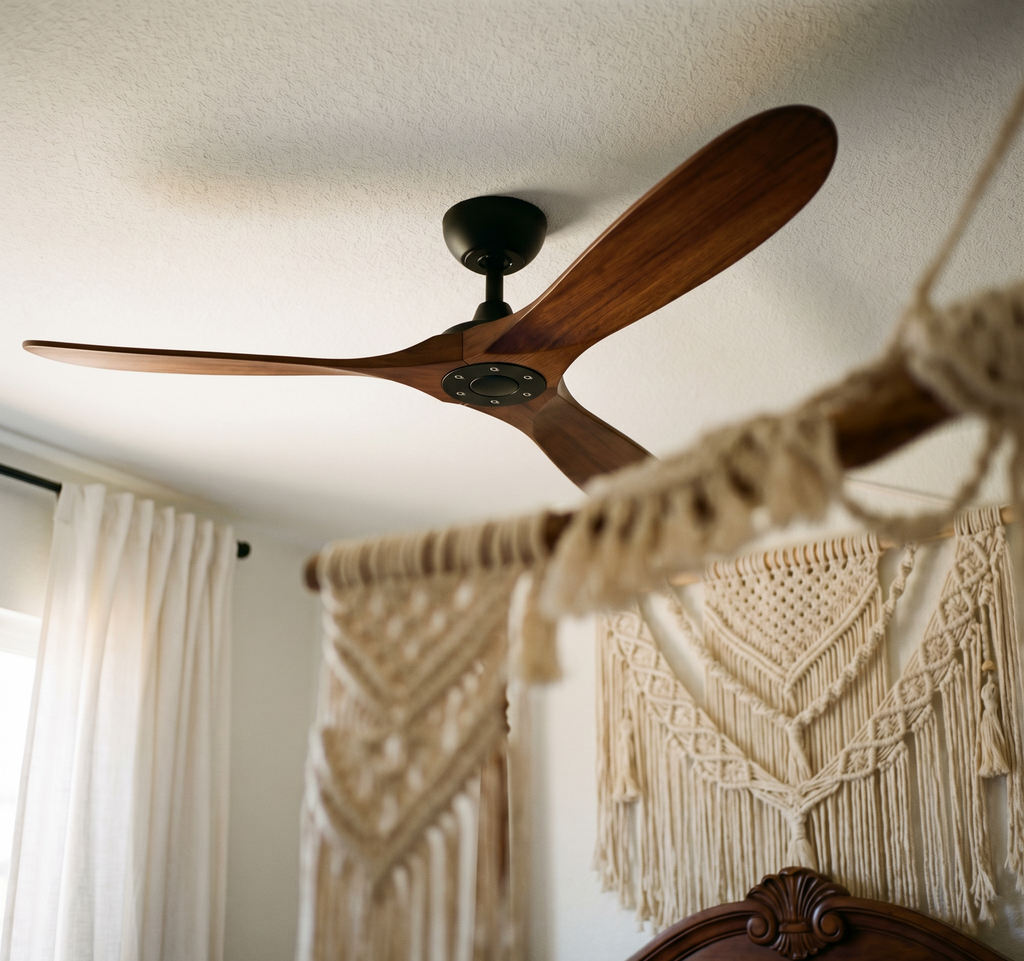 Zoom sur les pales profilées en bois massif d'un ventilateur de plafond Ariaze dans une décoration intérieure.