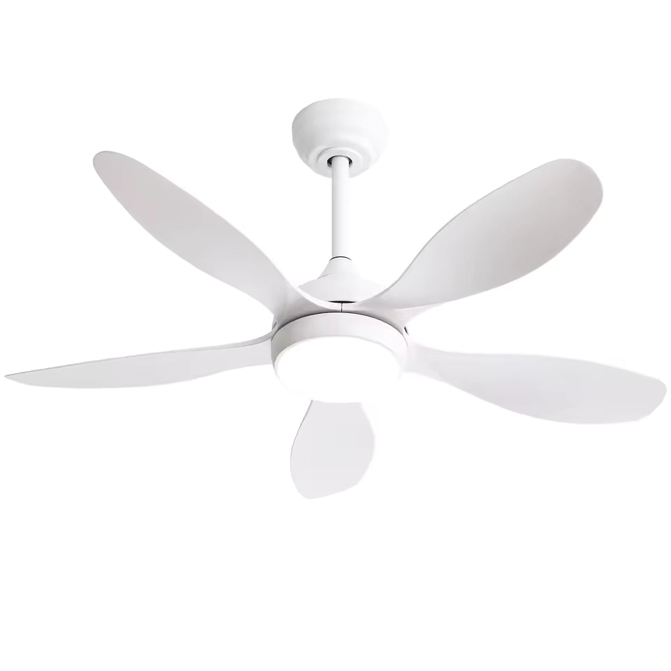 Ventilateur de plafond Ariaze tout blanc avec 5 pales et éclairage LED intégré, design épuré et moteur DC silencieux basse consommation