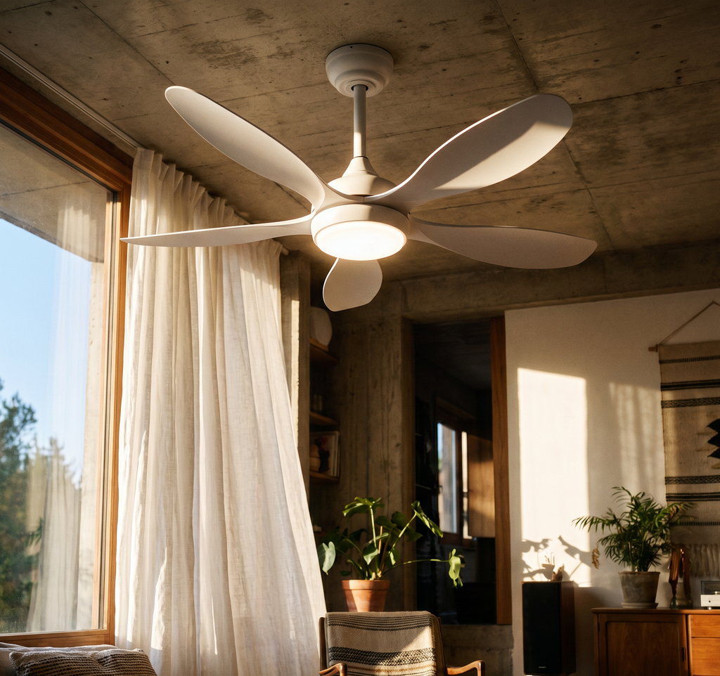 Ventilateur de plafond Ariaze blanc 5 pales dans une salle à manger lumineuse, design discret et moteur DC basse consommation