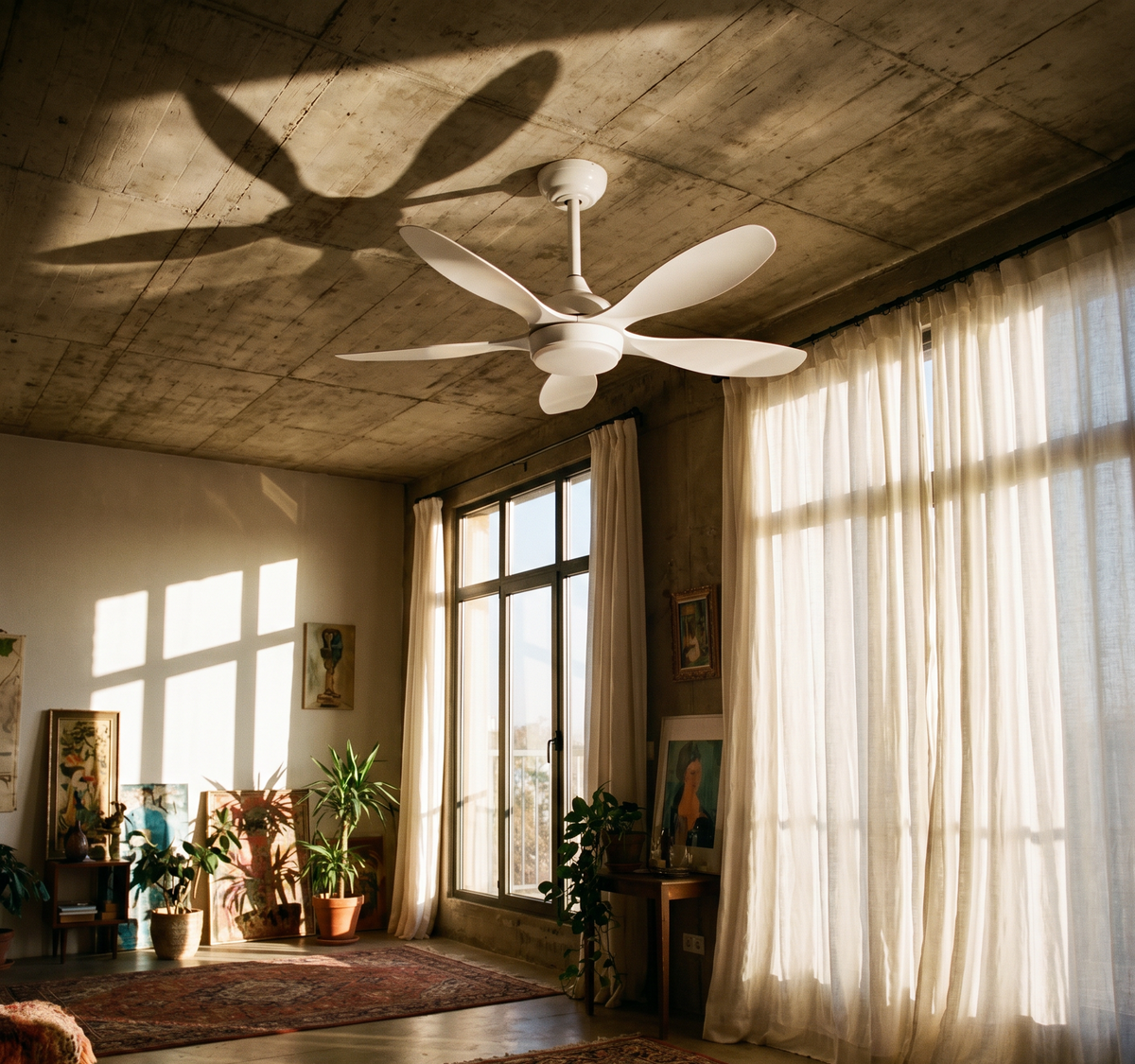 Ventilateur de plafond Ariaze blanc 5 pales installé dans une véranda lumineuse, brassage d'air puissant et fonctionnement silencieux
