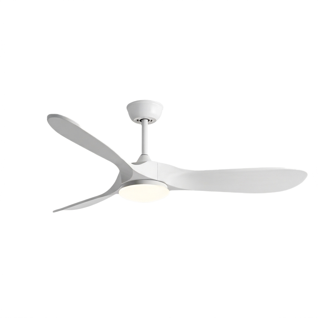 Ventilateur de plafond Ariaze au design moderne tout blanc avec éclairage LED intégré, moteur DC silencieux et basse consommation