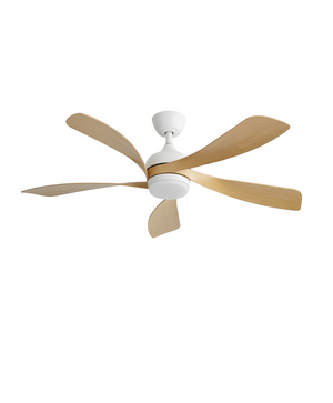 Ventilateur de plafond Ariaze blanc avec 5 pales en bois clair et éclairage LED intégré, moteur DC silencieux et basse consommation