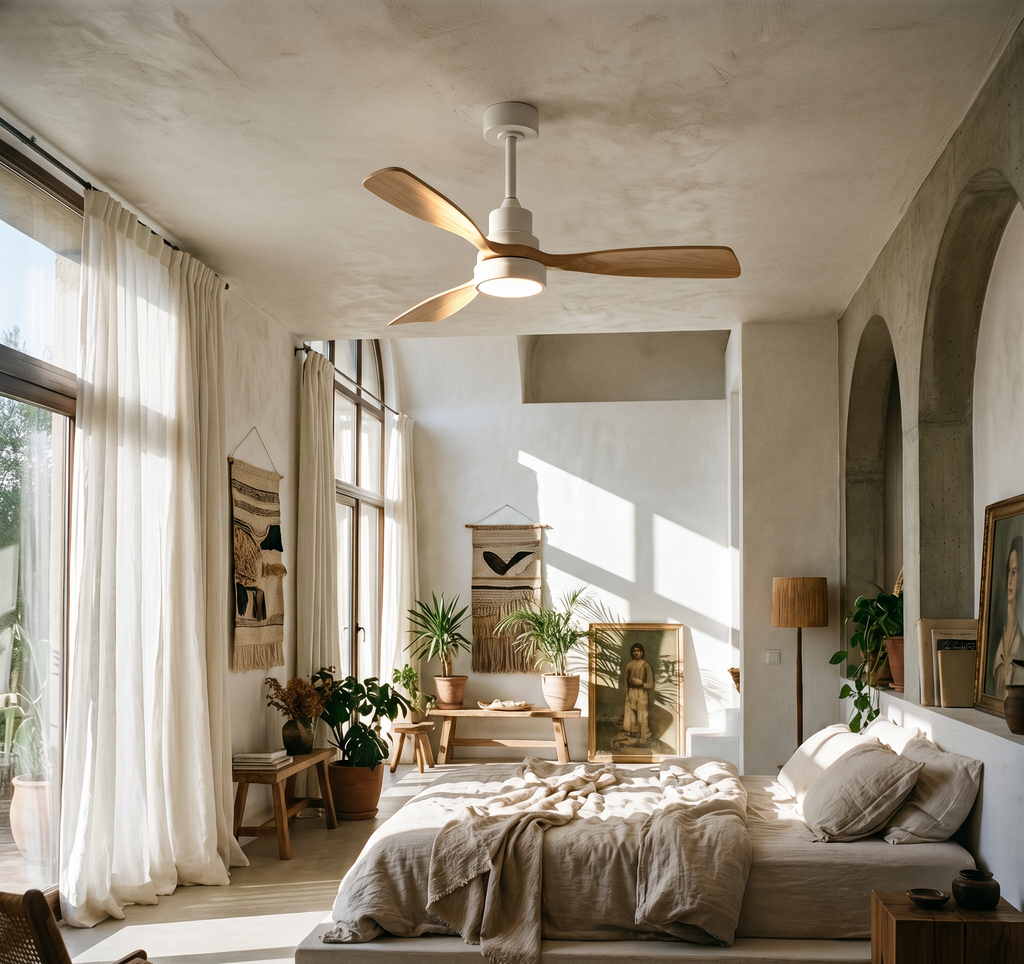 Ventilateur de plafond Ariaze blanc et bois clair installé dans une chambre lumineuse, design naturel et fonctionnement silencieux