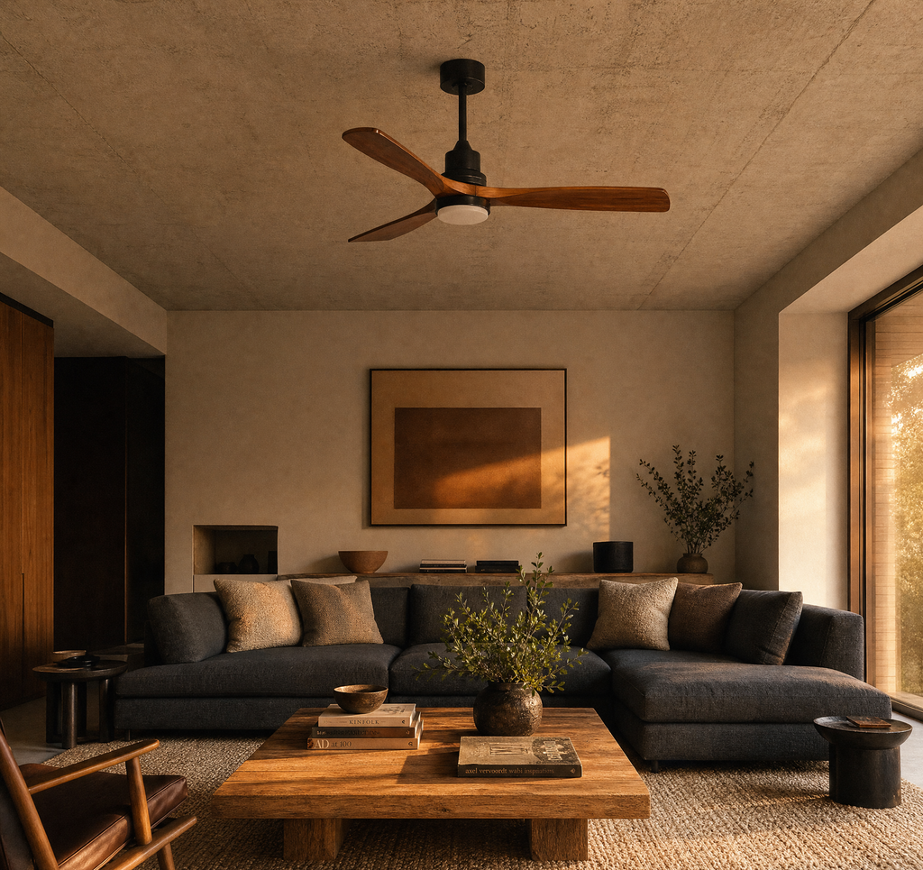Ventilateur de plafond Ariaze noir et bois foncé installé dans une chambre, design naturel et fonctionnement silencieux