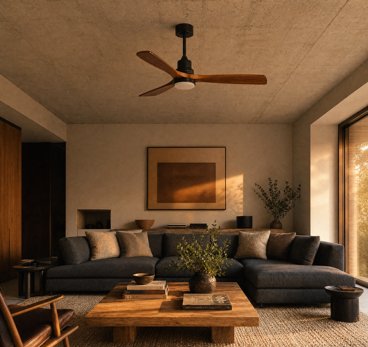 Ventilateur de plafond Ariaze noir et bois foncé installé dans une chambre, design naturel et fonctionnement silencieux