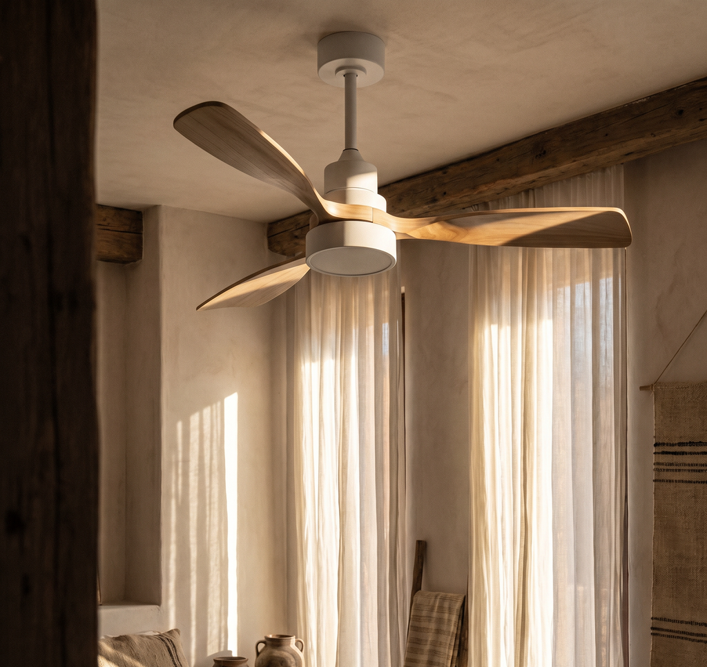 Ventilateur de plafond Ariaze aux pales en bois clair dans une chambre rustique chic, moteur DC basse consommation et discret
