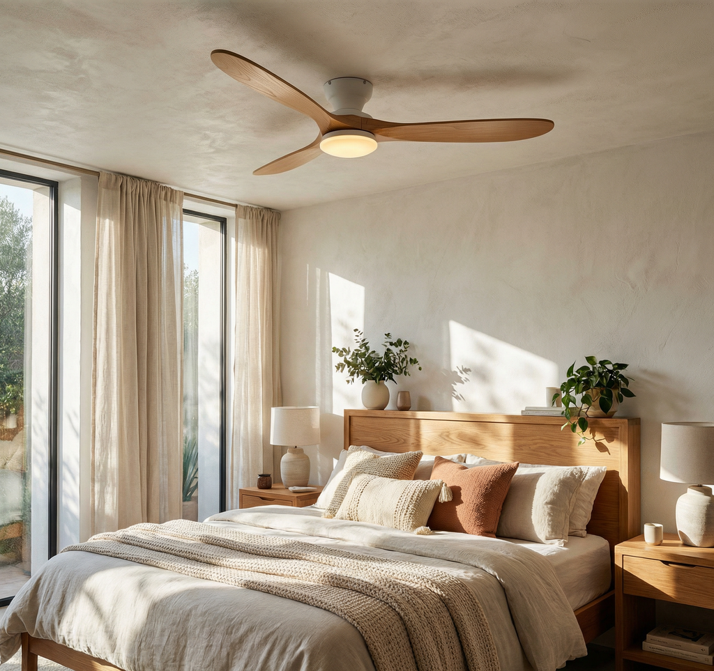 Ventilateur de plafond Ariaze en bois clair installé dans une chambre lumineuse au style scandinave, moteur DC silencieux et LED
