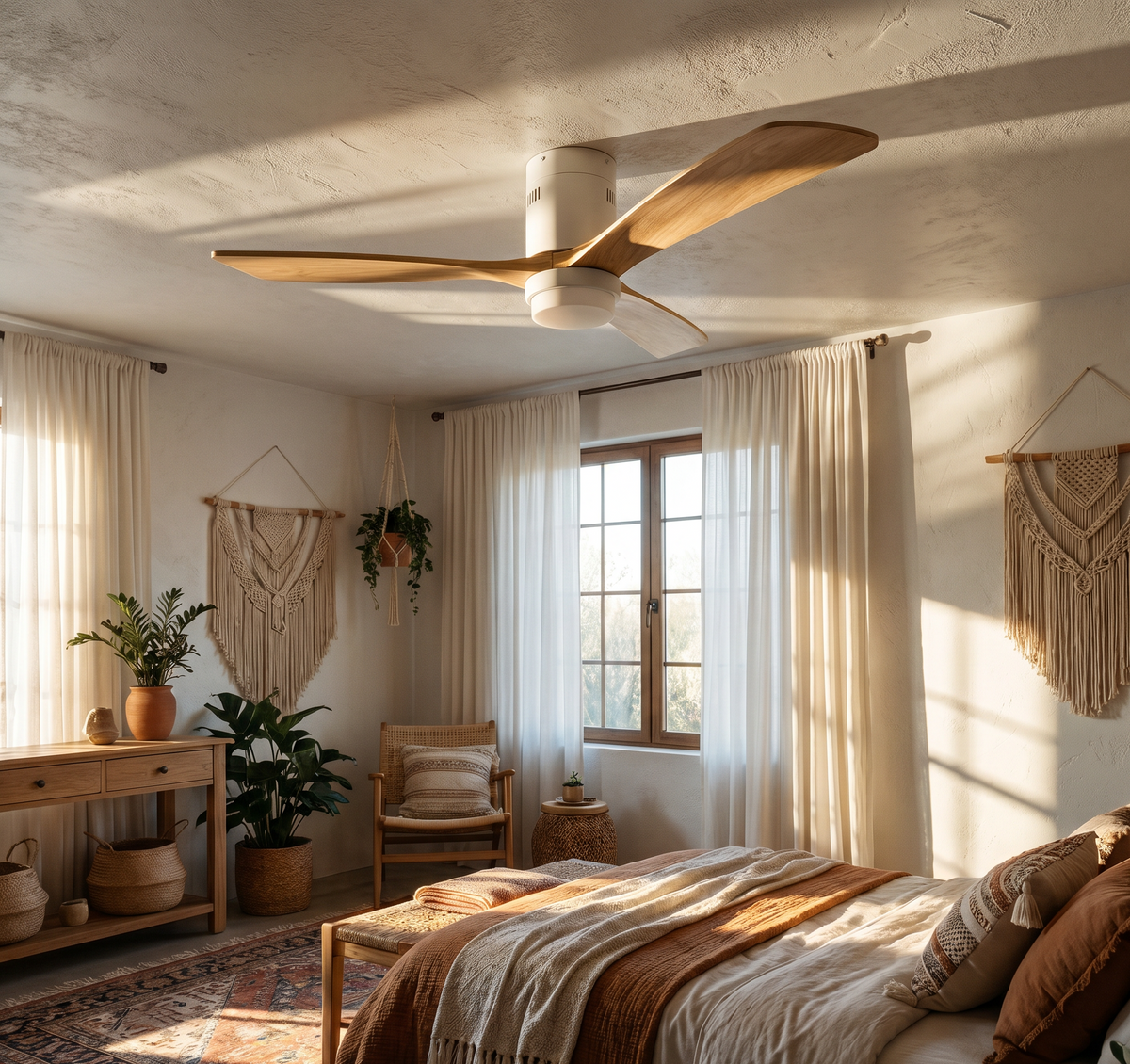 Ventilateur de plafond Ariaze compact avec base blanche LED et pales en bois clair, idéal plafond bas et déco bohème silencieux