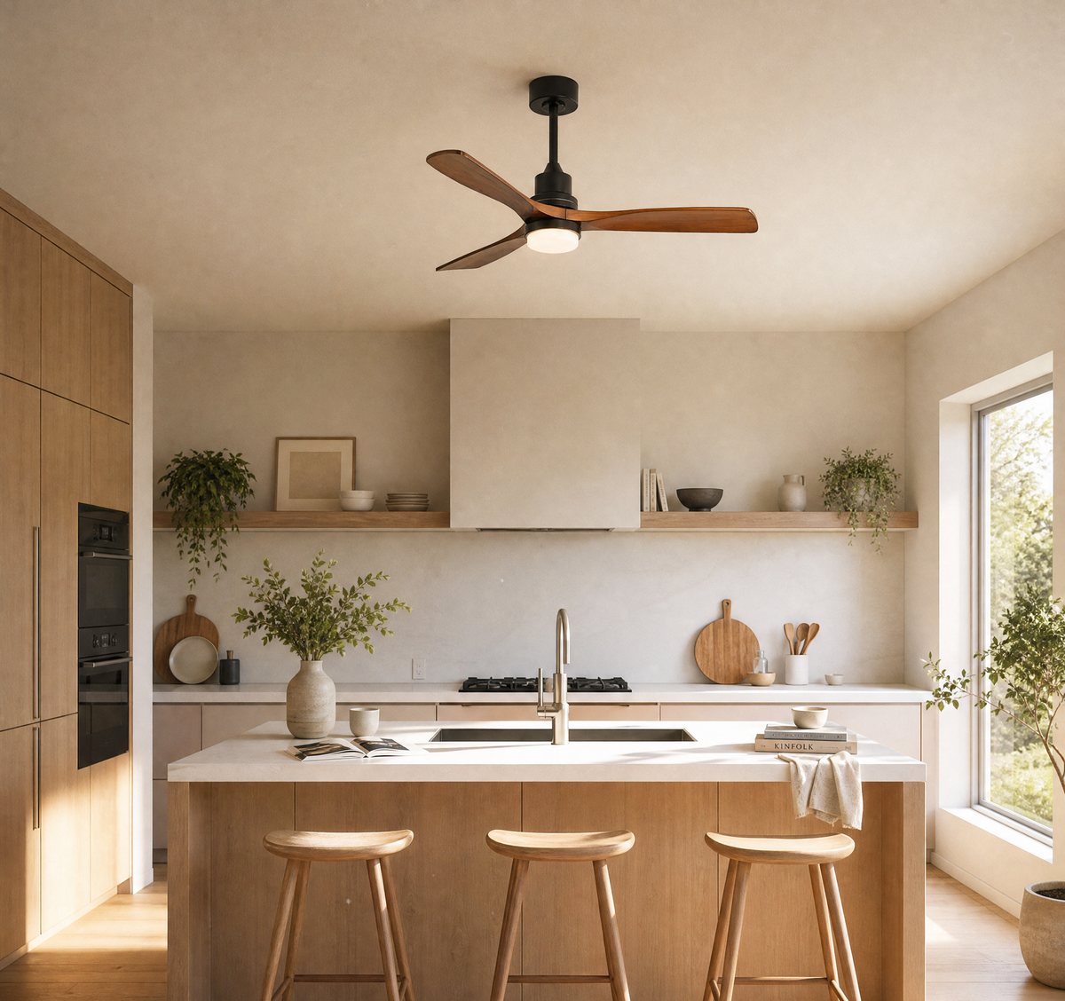 Ventilateur de plafond Ariaze noir et bois foncé installé dans une cuisine, design naturel et fonctionnement silencieux