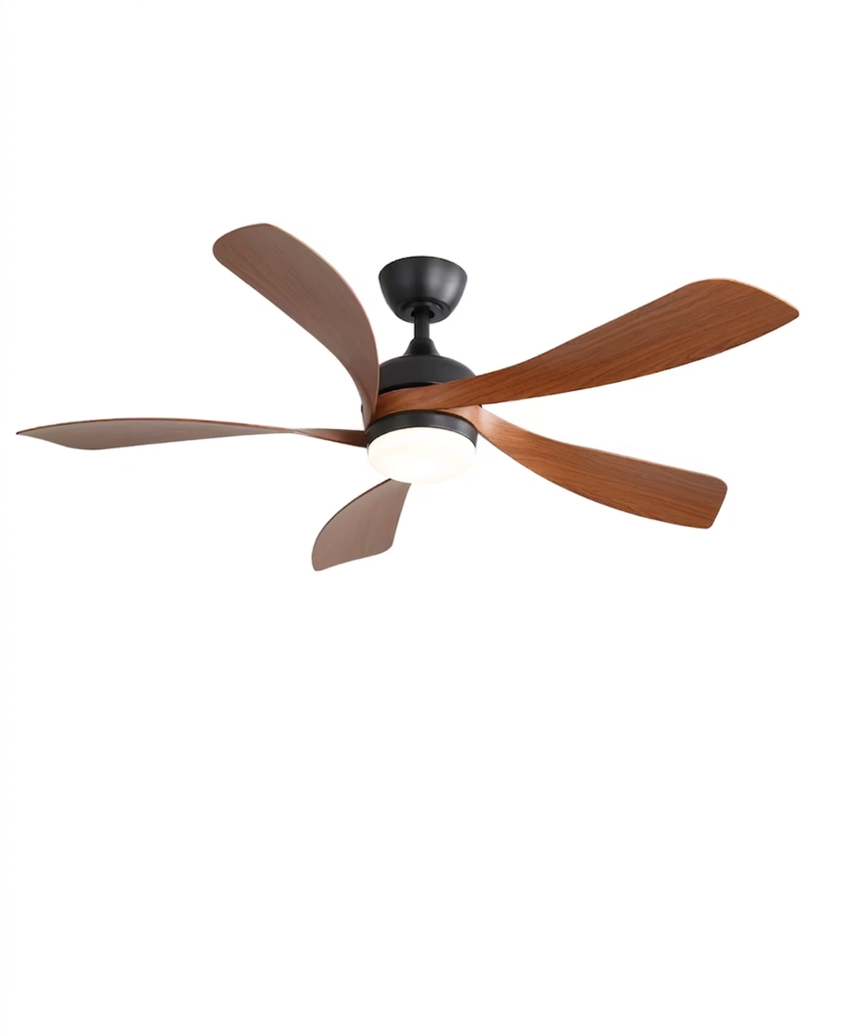 Ventilateur de plafond Ariaze noir avec 5 pales en bois foncé et éclairage LED intégré, moteur DC silencieux et basse consommation