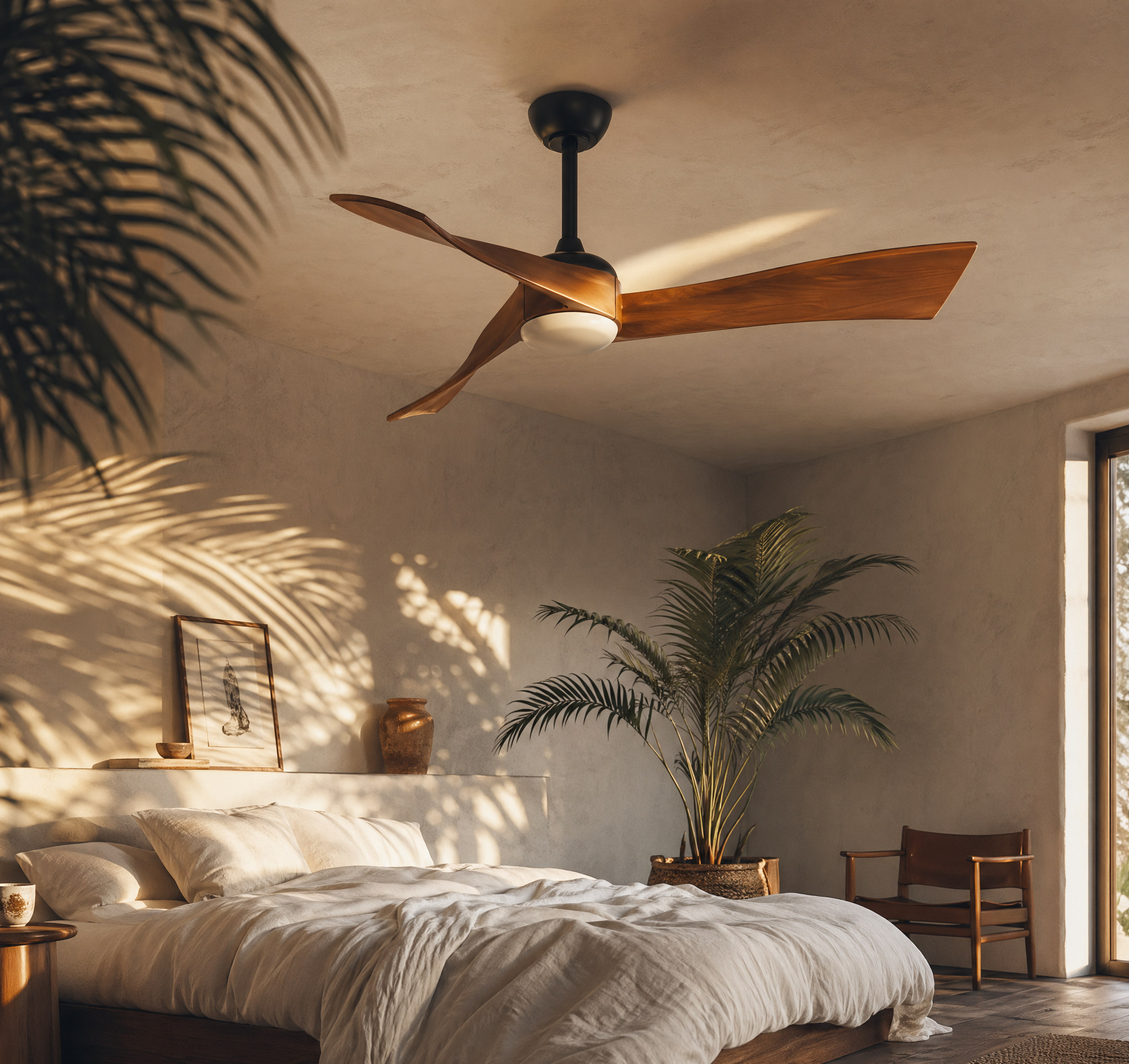Ventilateur de plafond Ariaze bois foncé installé dans une chambre lumineuse au style nature, moteur DC silencieux et basse consommation