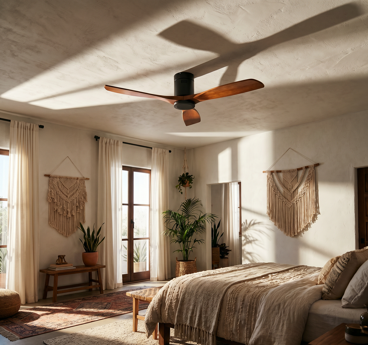 Ventilateur de plafond Ariaze compact en bois foncé installé dans une chambre bohème, design chaleureux et fonctionnement silencieux