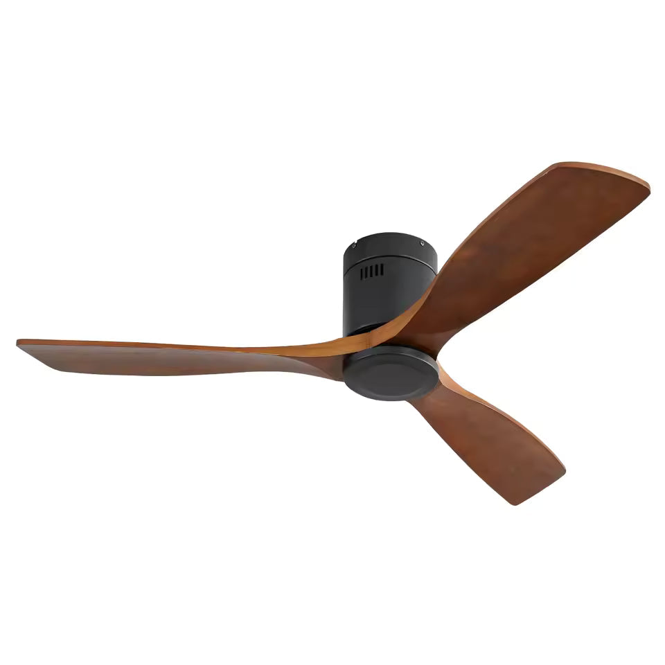 Ventilateur de plafond Ariaze compact avec base noire et pales en bois foncé, idéal pour plafond bas et moteur DC silencieux