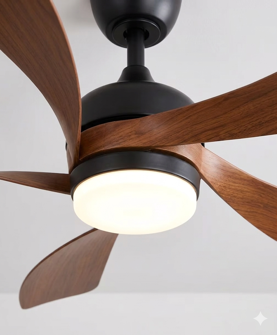 Vue rapprochée du ventilateur de plafond Ariaze bois foncé avec son éclairage LED intégré allumé et son moteur DC silencieux