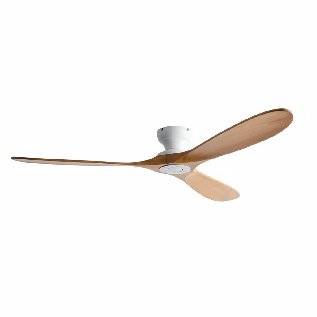 Ventilateur de plafond Ariaze au design moderne avec pales en marron et finition blanc, moteur DC silencieux et basse consommation