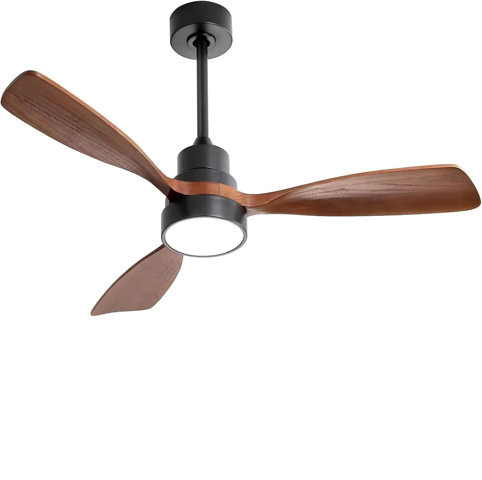 Ventilateur de plafond Ariaze blanc avec pales en bois foncer, tige réglable et éclairage LED intégré, moteur DC silencieux