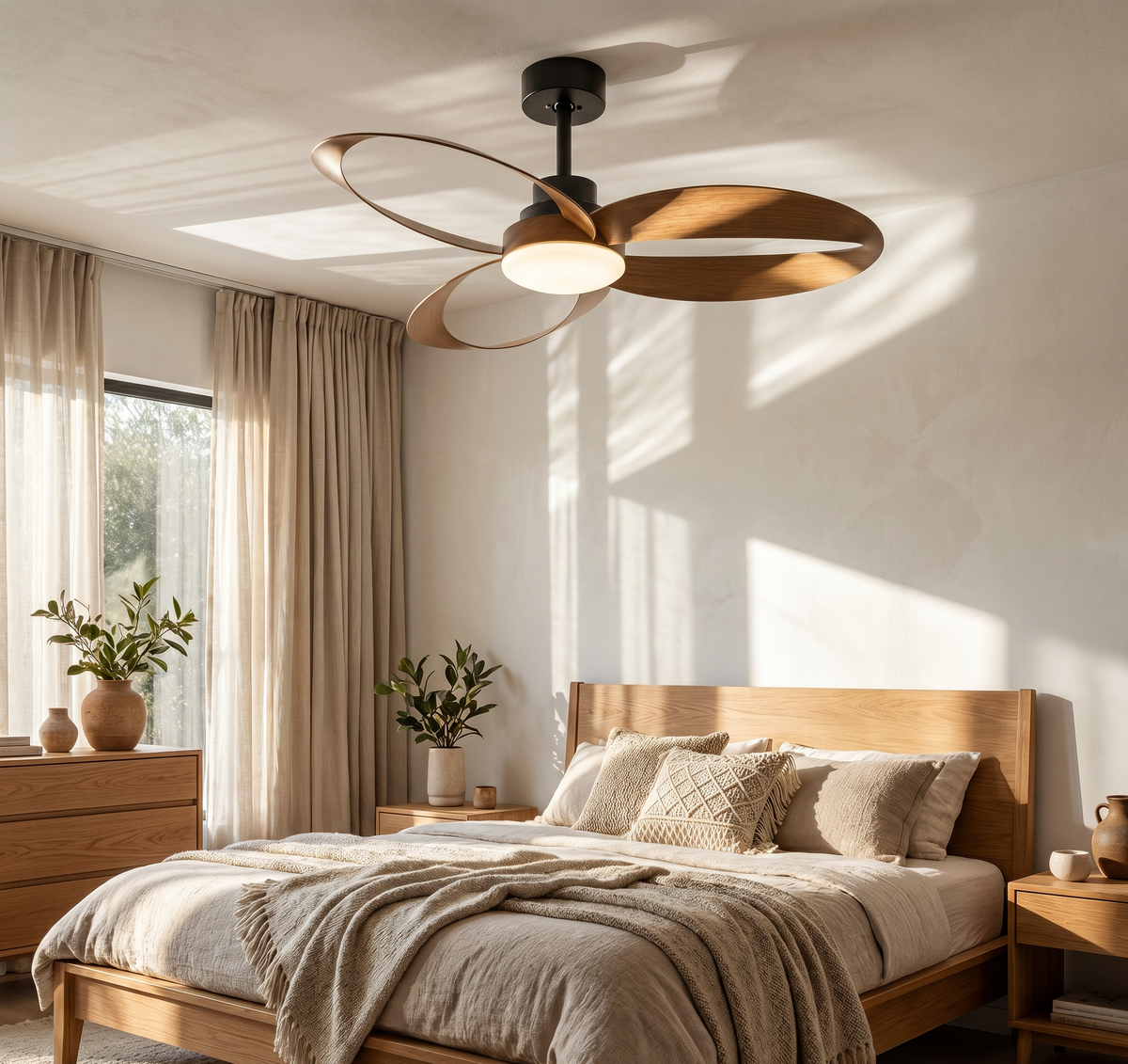Ventilateur de plafond Ariaze aux pales ovales en bois foncé dans une chambre cosy, design original et fonctionnement silencieux