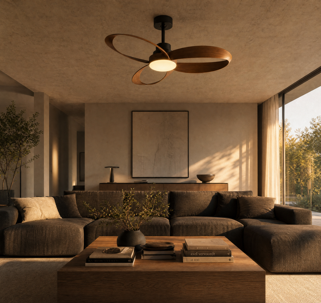 Ventilateur de plafond Ariaze aux pales ovales en bois foncé dans un salon, design original et fonctionnement silencieux