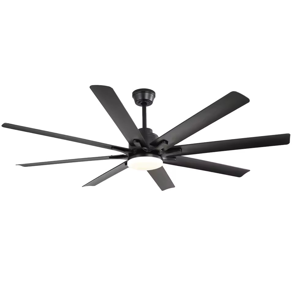 Ventilateur de plafond Ariaze XXL avec 8 pales noires et éclairage LED intégré, design industriel et moteur DC silencieux puissant
