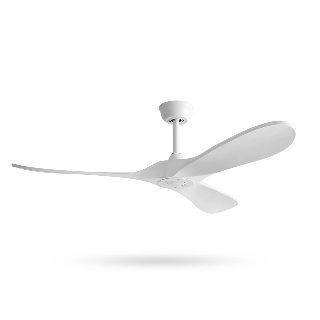 Ventilateur de plafond Ariaze au design moderne tout blanc, moteur DC silencieux et basse consommation