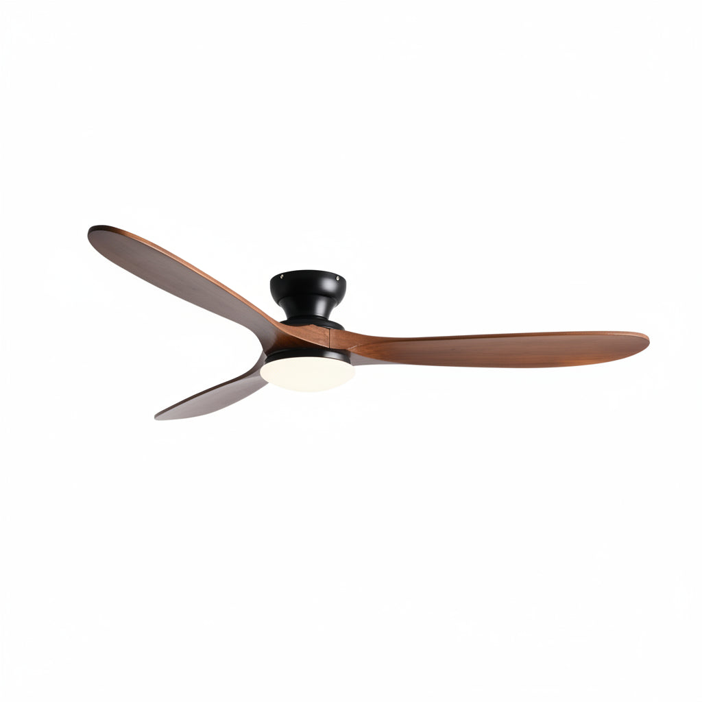 Ventilateur de plafond Ariaze au design moderne avec pales en bois foncé, base noire et éclairage LED intégré basse consommation