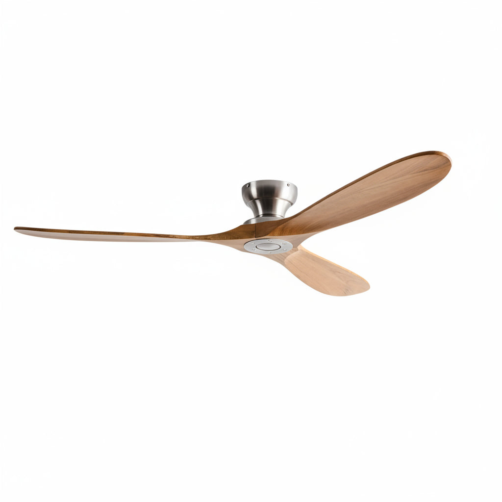 Ventilateur de plafond Ariaze au design moderne avec pales en marron et finition chromée, moteur DC silencieux et basse consommation