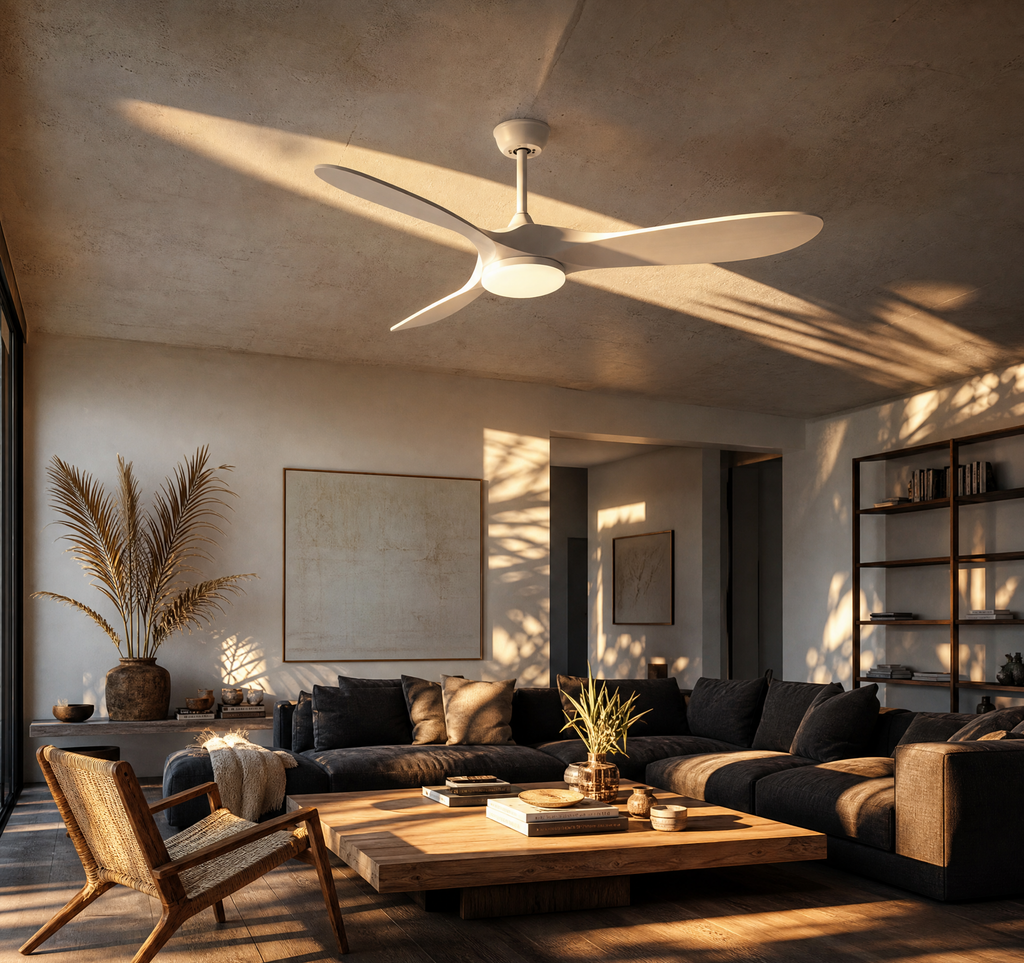 Ventilateur de plafond Ariaze blanc avec LED dans un salon.