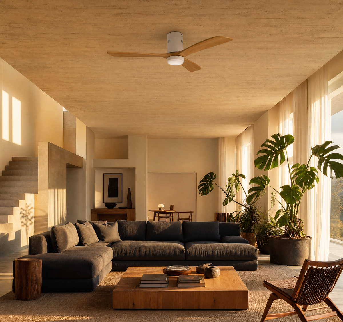 Ventilateur de plafond Ariaze en bois à moteur DC silencieux et basse consommation, dans un salon design avec modes hiver été.