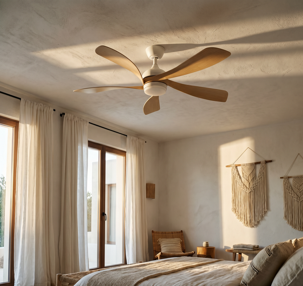 Ventilateur de plafond Ariaze 5 pales en bois clair installé dans une chambre bohème, design naturel et fonctionnement silencieux