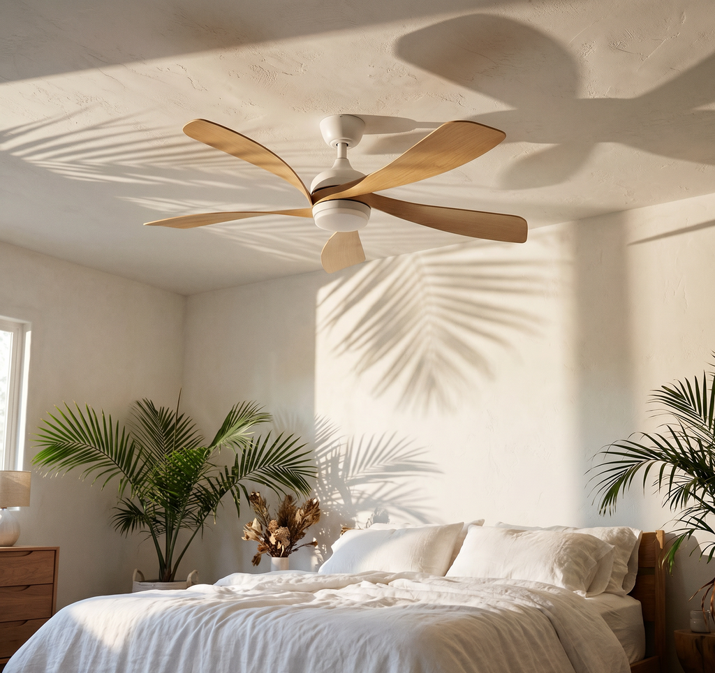 Ventilateur de plafond Ariaze 5 pales bois clair dans une chambre lumineuse aux accents naturels, moteur DC ultra silencieux la nuit