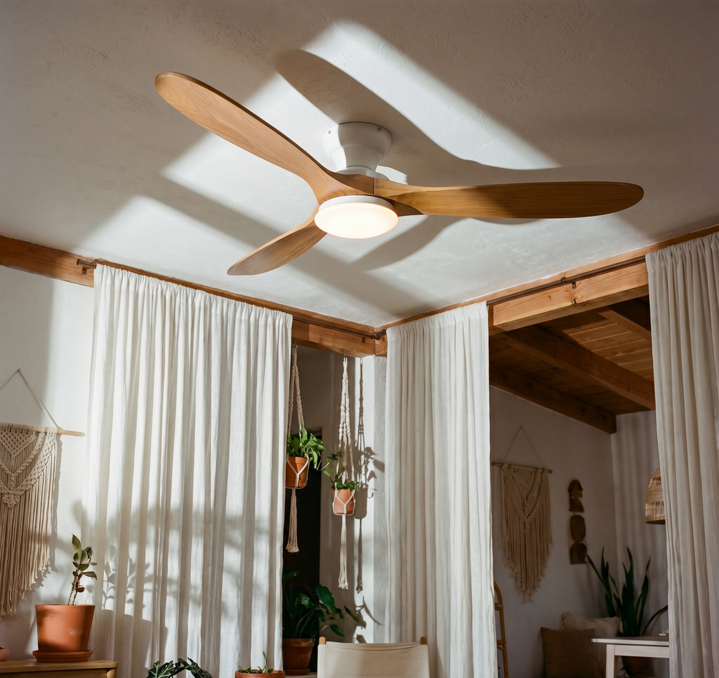 Ventilateur de plafond Ariaze aux pales en bois clair dans une chambre bohème avec poutres apparentes, design naturel et silencieux