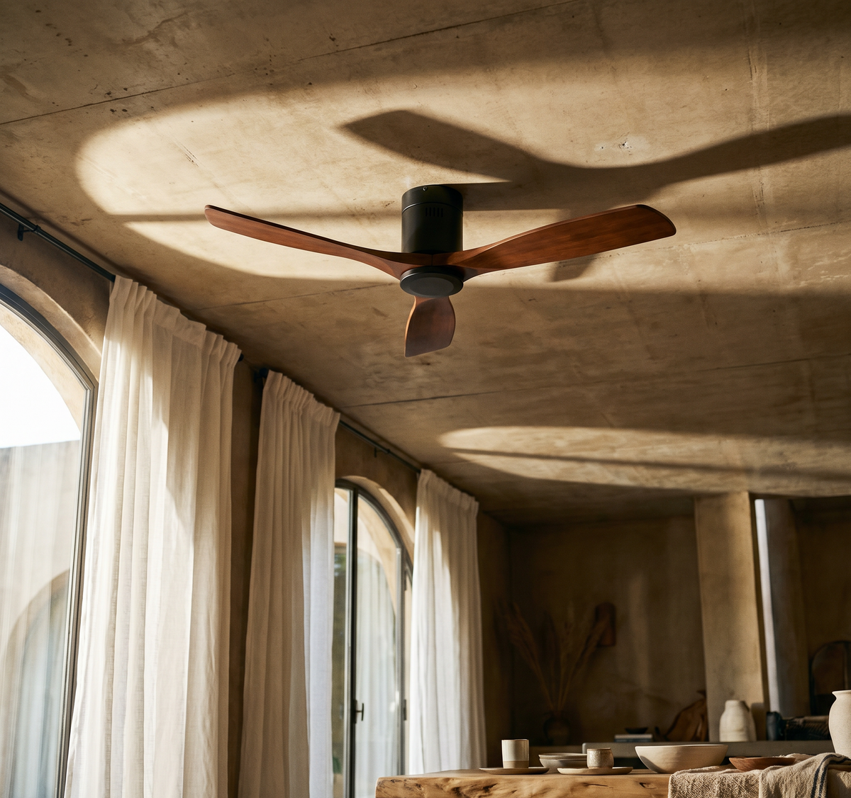 Ventilateur de plafond Ariaze compact en bois foncé dans un salon cosy, moteur DC basse consommation et brassage d'air discret