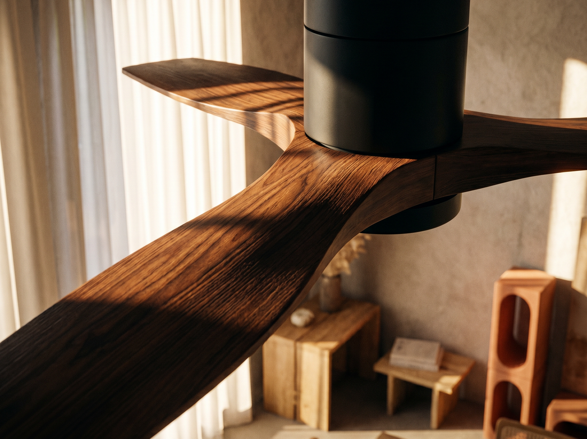 Gros plan sur les pales en bois foncé du ventilateur de plafond Ariaze compact, finition acajou noyer pour un rendu chaleureux