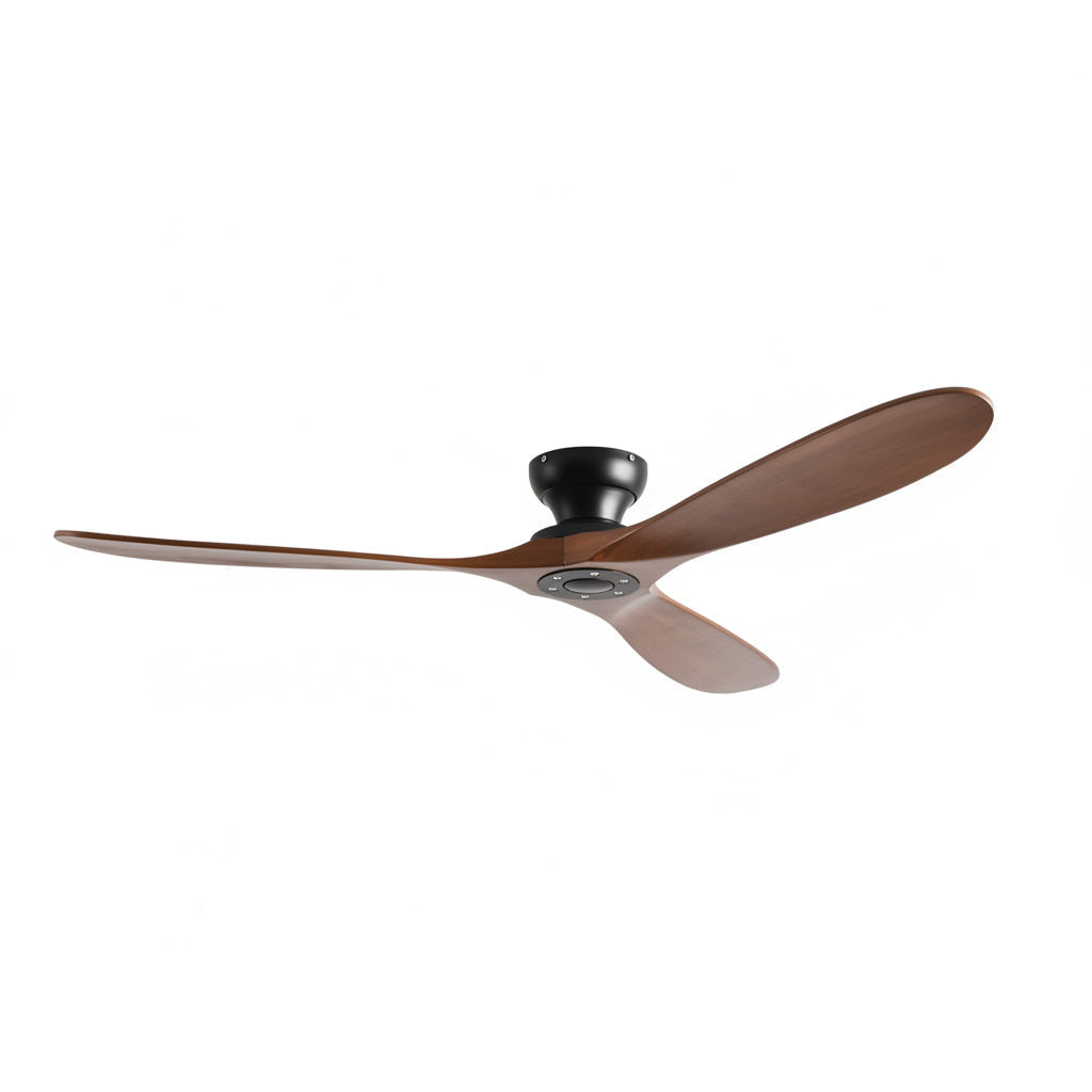 Ventilateur de plafond Ariaze en marron avec moteur DC ultra silencieux sur fond blanc.