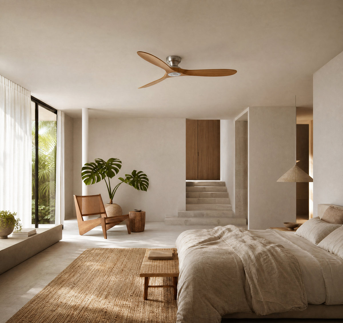 Ventilateur de plafond Ariaze en marron installé dans un salon moderne boheme, design épuré et fonctionnement silencieux grâce au moteur DC