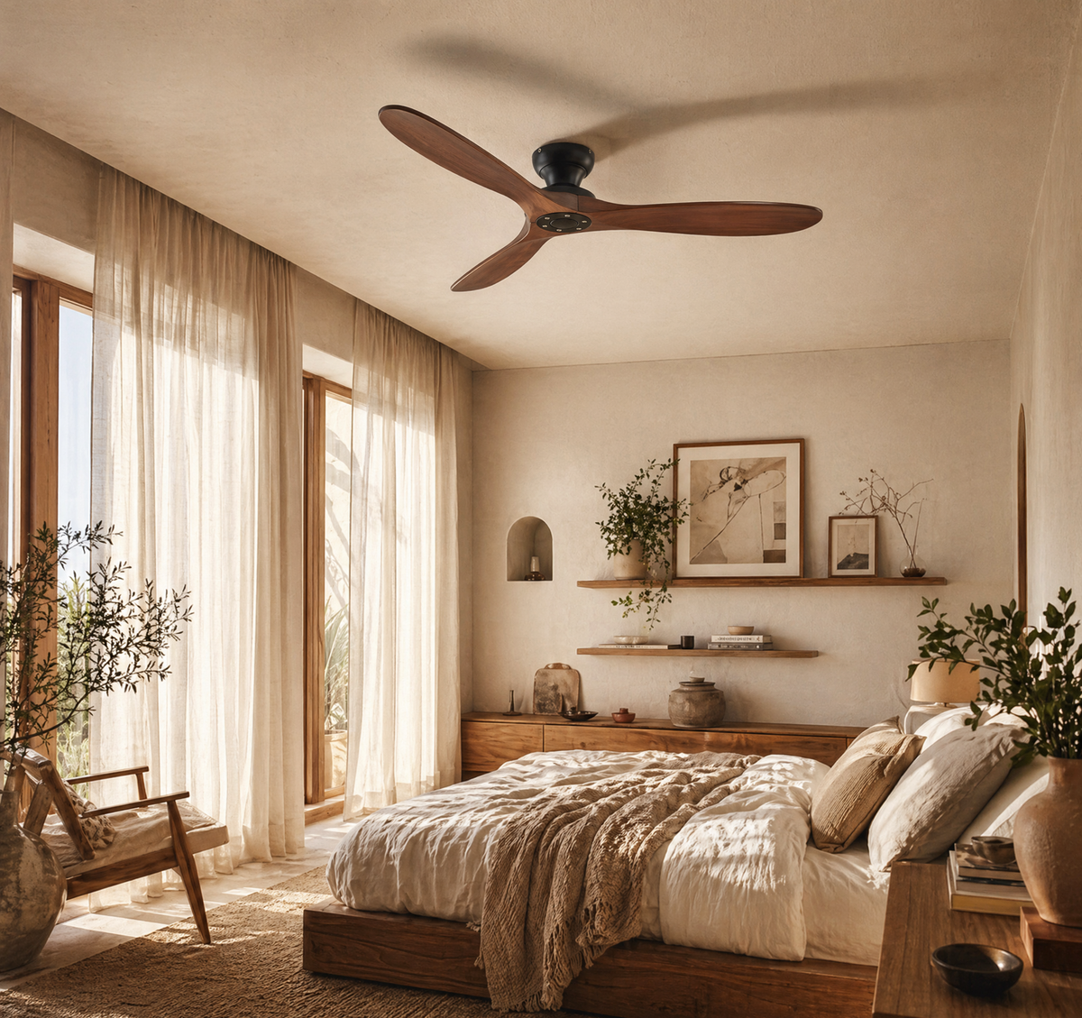 Ventilateur de plafond Ariaze design en bois naturel dans un salon moderne lumineux avec grandes fenêtres.