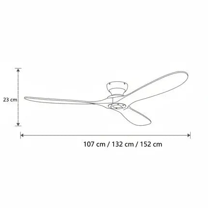 Schéma des dimensions du ventilateur de plafond Ariaze disponible en 107, 132 et 152 cm de diamètre pour 25 cm de hauteur
