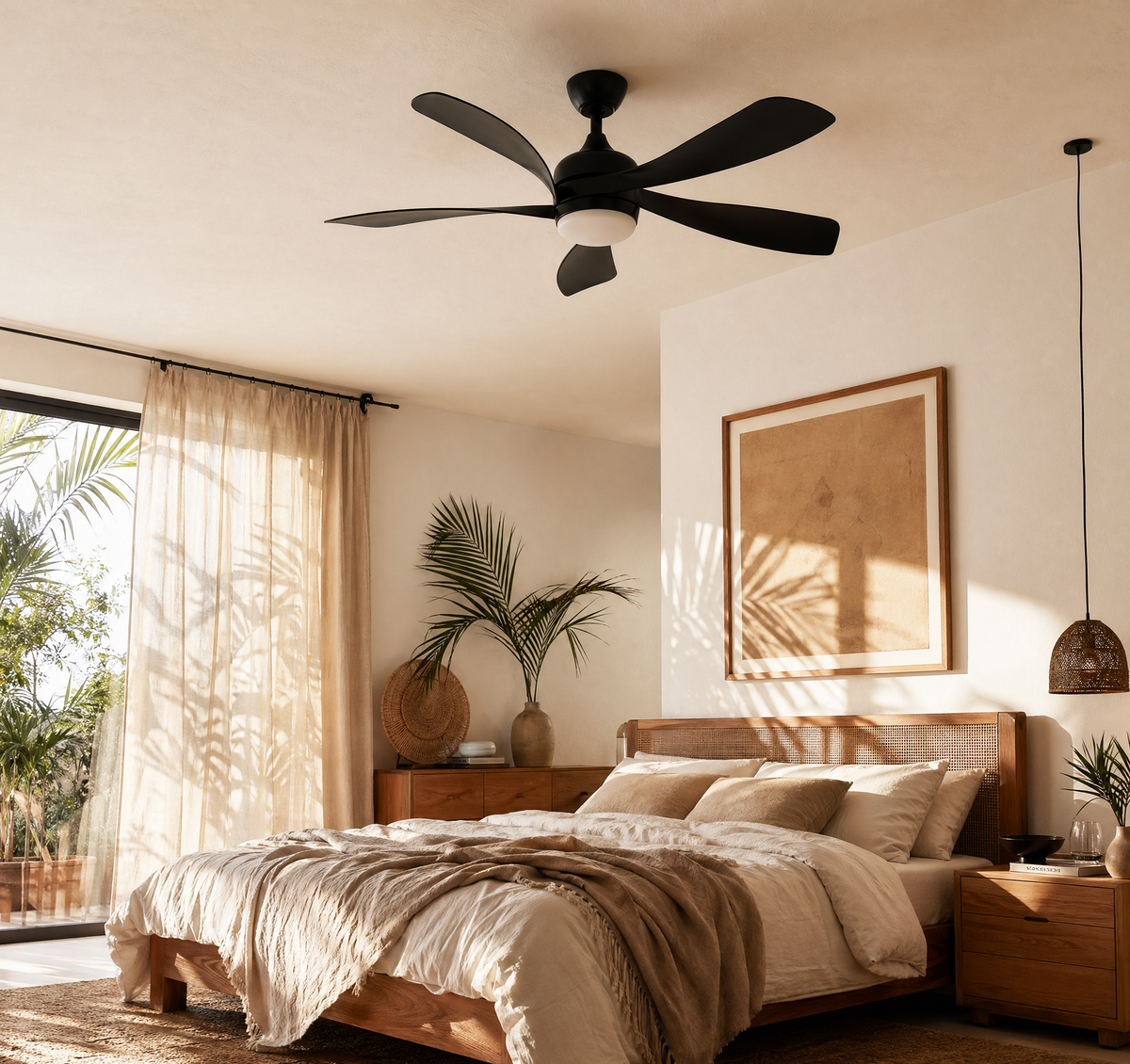 Ventilateur de plafond Ariaze noir à 5 pales installé dans une chambre cosy, design moderne et fonctionnement silencieux