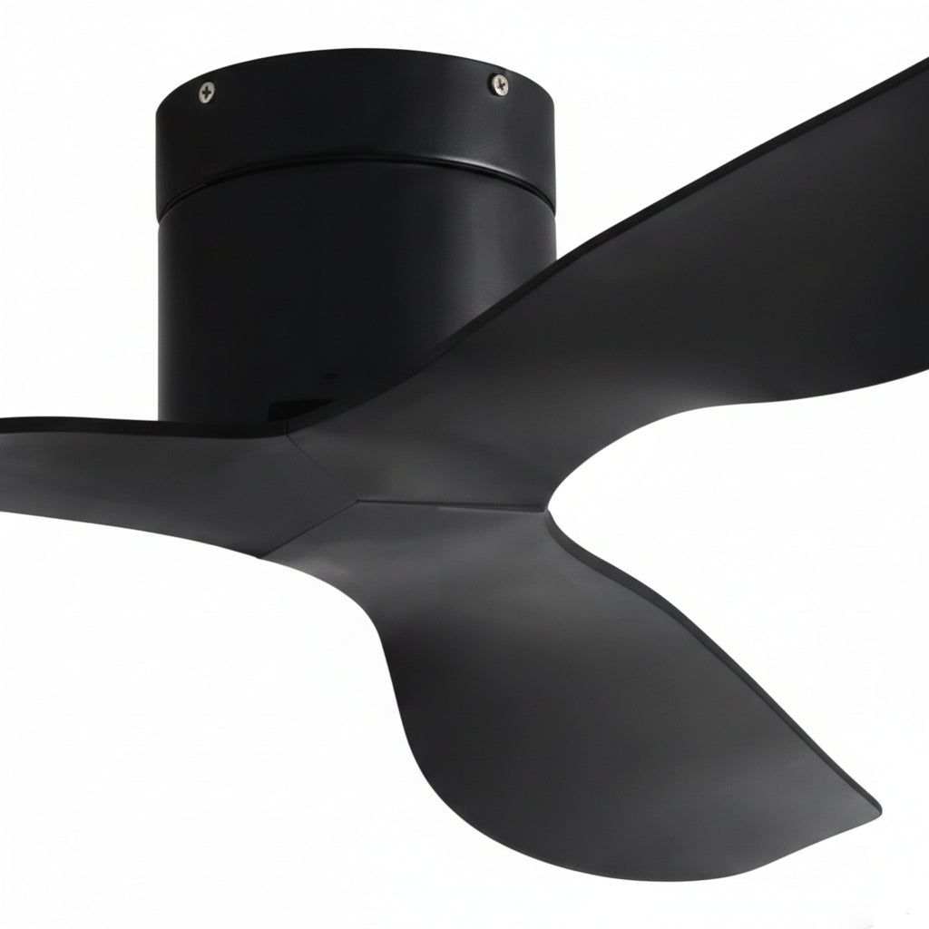 Vue rapprochée du ventilateur de plafond Ariaze noir au profil compact, idéal pour les plafonds bas et fonctionnement silencieux