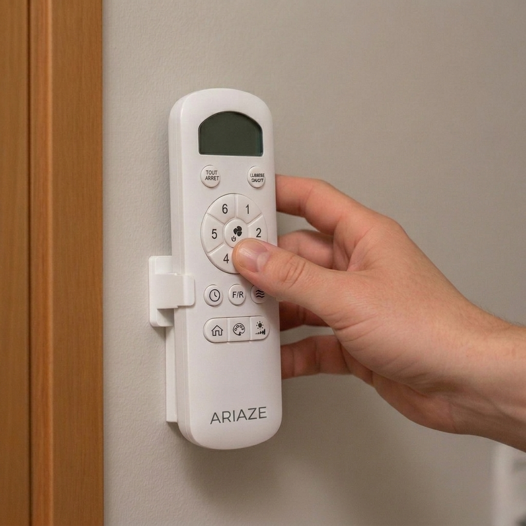 Télécommande du ventilateur de plafond Ariaze permettant de contrôler la vitesse et le mode hiver été.