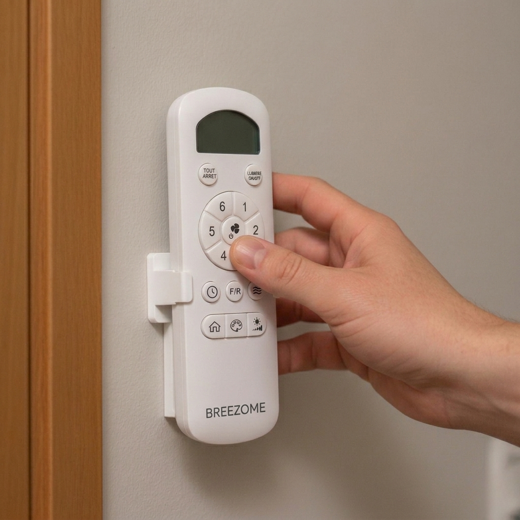 Télécommande du ventilateur de plafond Ariaze permettant de contrôler la vitesse et le mode hiver été en un geste
