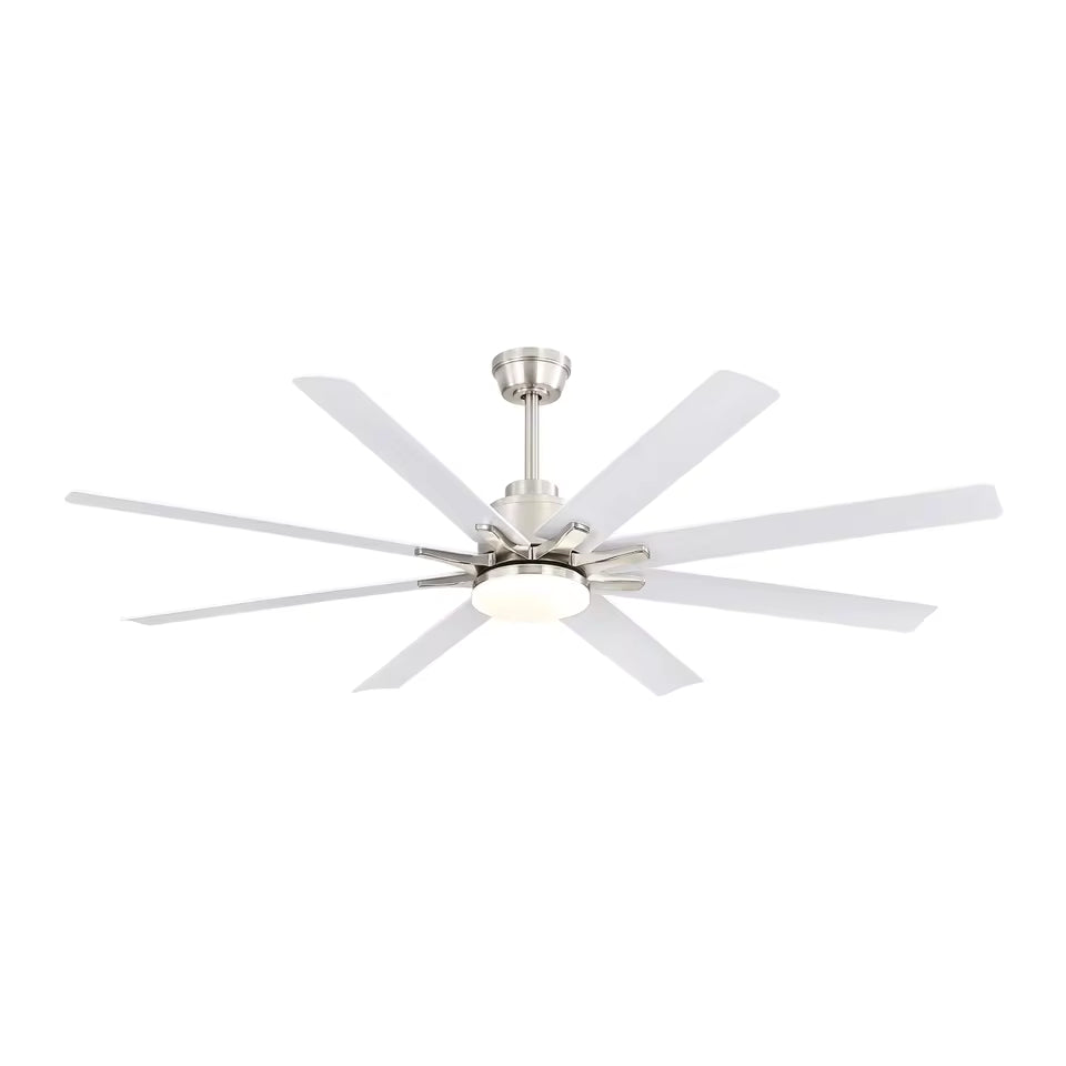 Ventilateur de plafond Ariaze XXL 8 pales blanche sur fond blanc, vue d'ensemble du design industriel grande envergure